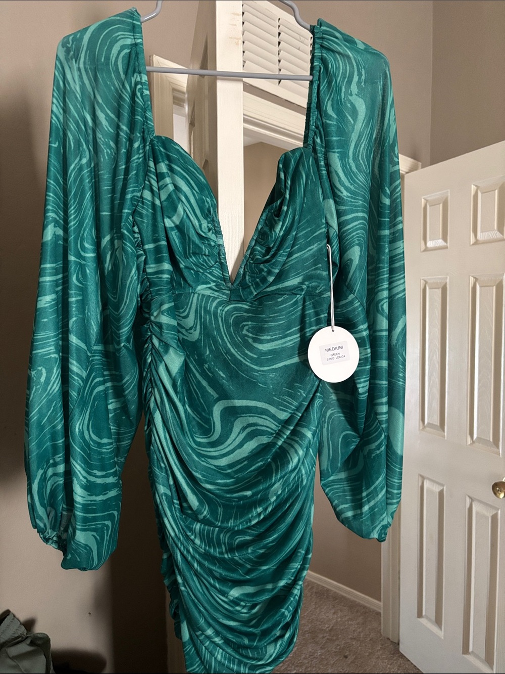 Luxxel Teal Swirl Ruched V-Neck Long Sleeve Dress